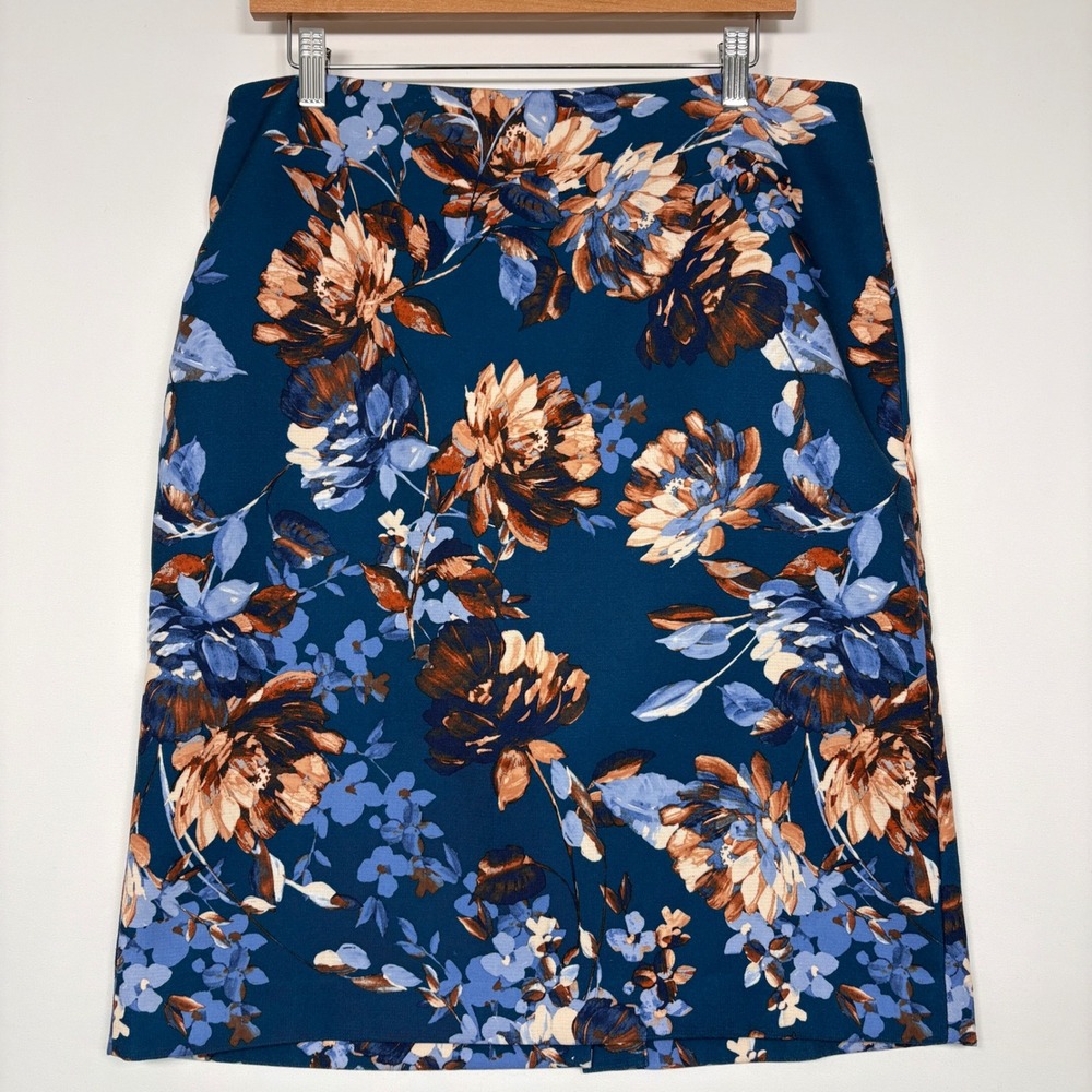 Talbots Womens Pencil Skirt Size 12 Blue Floral Print Knee Length Stretch Lined
